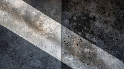Two images of a concrete floor with a dark and light section