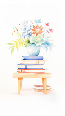 Watercolor illustration of a cozy reading nook scene featuring a stack of colorful, cute books on a small table, as clipart, set against a clean white background