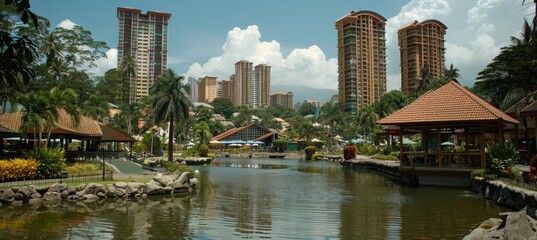 Fototapeta premium City skyscrapers encircle serene lake, offering peaceful retreat from urban hustle