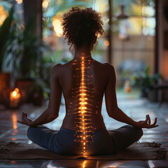 Woman meditating with glowing spine hologram ai technology