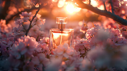 Pink blossoms perfume, perfume bottle surrounded with plum blossoms.