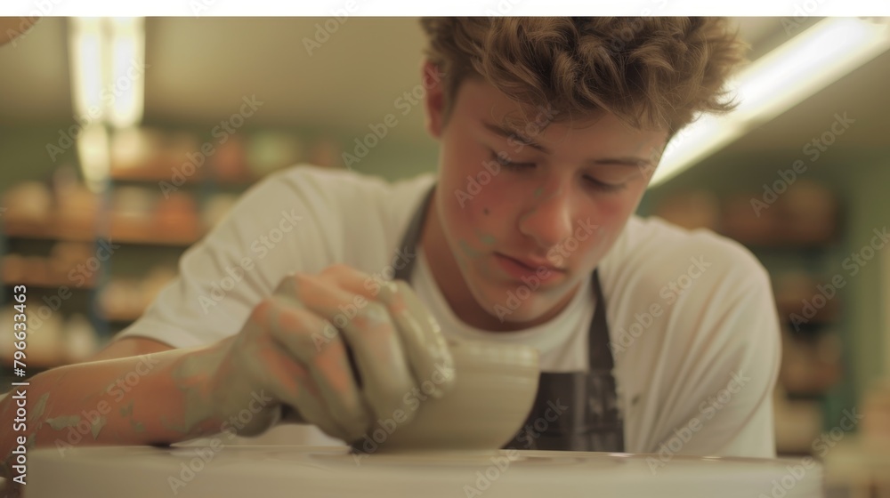 Aufkleber one student uses a pottery wheel for the first time his face a mix of excitement and nervousness as 