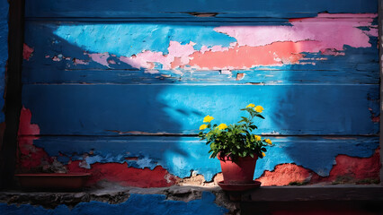 graffiti on the wall and yellow flower pot