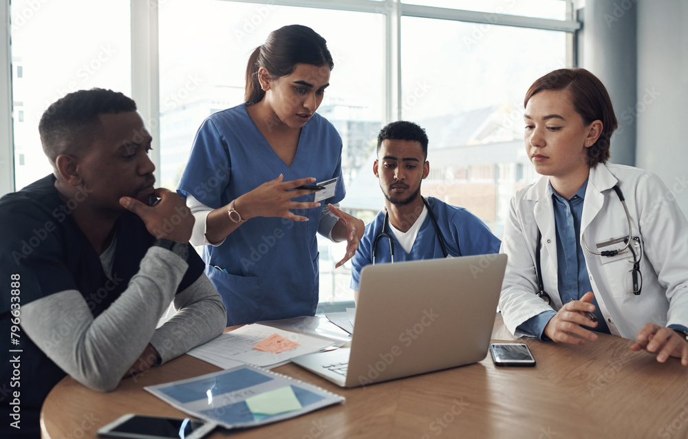 Poster doctor, nurse and teamwork in meeting with computer, presentation and idea for solution in medical r