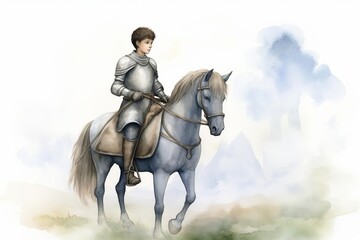 Knight, Brave young knight on a noble horse, misty dawn, children book watercolor clipart