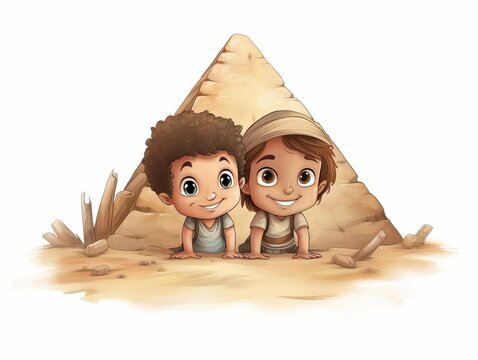 recommend clip art: Ancient Egypt, Kids discovering ancient treasures beneath the pyramids, children book watercolor clipart