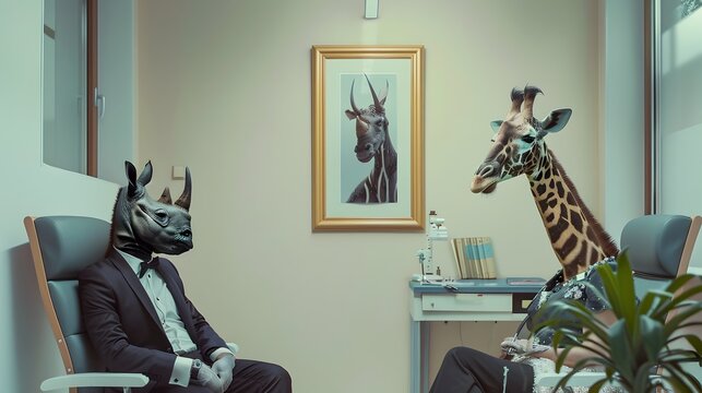 Giraffe Doctor in Tuxedo Consults with Rhino Patient in Party Dress A Surreal Medical Encounter Generative ai