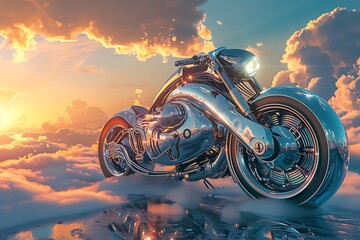 A retro-futuristic motorbike with chrome accents, set against a backdrop of swirling pastel clouds...