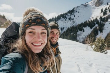 Fototapeta na wymiar Winter mountains adventure outdoors smiling.