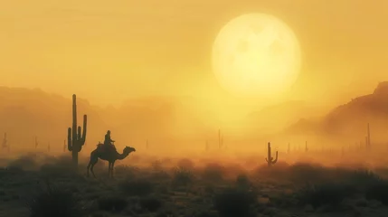  The soft glow of the setting sun casts a dreamy haze over the desert landscape creating a blurry backdrop for the dark silhouettes of cacti and a nomadic figure on their camel. . © Justlight