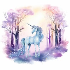 Obraz na płótnie Canvas Unicorn, Glittering unicorn in a mystical forest, children book watercolor clipart