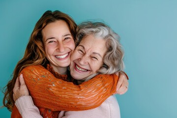 Elder parent mom with young adult daughter Lovely fun smiling happy caucasian hugging laughing. - Powered by Adobe