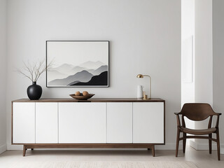 Simplicity Embodied, The Elegance of Minimalism in an Empty Room with a Wooden Display Cabinet