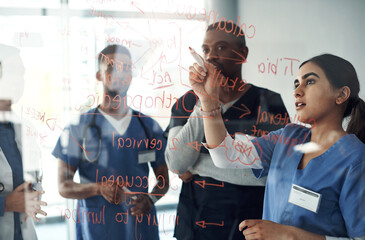Doctors, teamwork and people writing on glass board for solution, planning and problem solving in medical residency. Healthcare students, group or nurses with orthopedic training, steps and mindmap