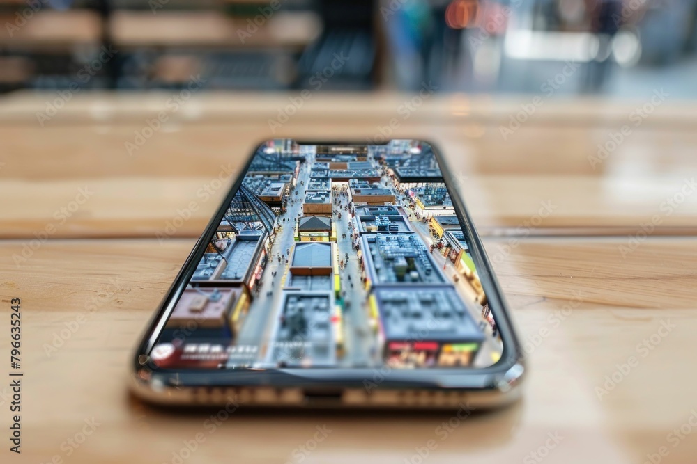 Poster smartphone displaying cityscape on screen placed on wooden table in office setting