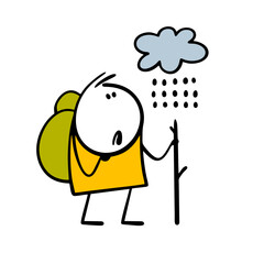 Sad traveler with a stick and a backpack looks at a cloud and rain.  Vector illustration of a failed hike, bad weather. Stickman is unhappy with traveling in nature. Isolated on white backgrou