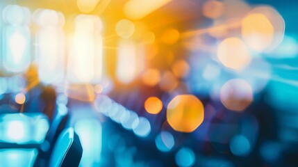Vibrant and abstract defocused background of a healthcare conference highlighting the diverse and dynamic topics being discussed and shared by experts in the field. .