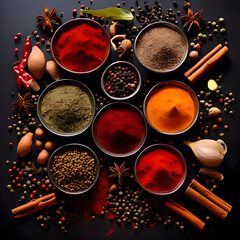 colorful powdered spices in small bowls, ai-generatet