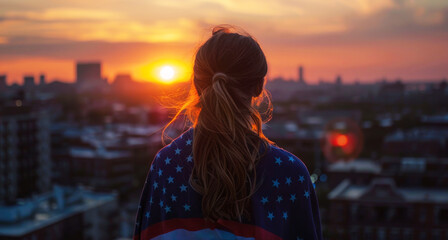  woman wrapped in the flag of the US flag