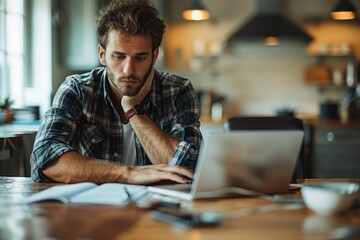 Obraz premium Concentrated male with a thoughtful expression working on a laptop, suggesting focus and dedication at a modern workspace