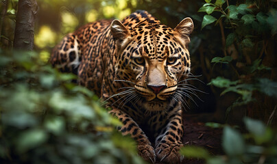 The jaguar, a wild animal, sneaks through the forest bowl and overgrows