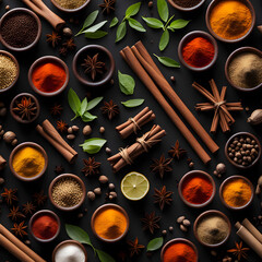 Obraz na płótnie Canvas colorful powdered spices in small bowls, ai-generatet