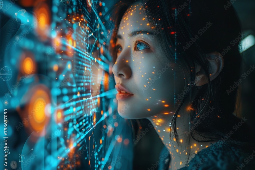 Poster side view of a woman engaging with a high-tech digital interface, evoking concepts of the future and