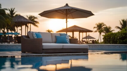 Fototapeta premium Sofa beside swimming pool in beach resort with beautiful afternoon sky. Ai Generative.