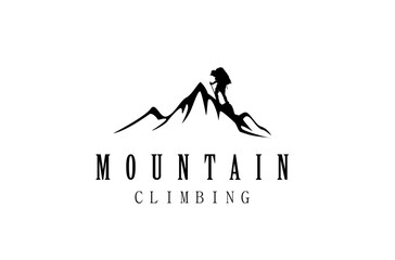 Mountain climber wearing a rucksack and carrying a stick, illustration logo design