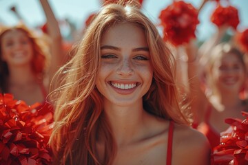 Joyous and open-hearted cheerleader with an infectious smile holding red pom-poms, basking in sunlight - obrazy, fototapety, plakaty