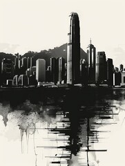 Simplified architectural silhouette of Hong Kong's skyline, rendered in black and white for a modern look.