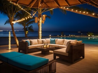 Fototapeta premium Sofa beside swimming pool in beach resort with beautiful night sky. Ai Generative.