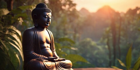 Statue of a Sitting buddha in the jungle, Sunset