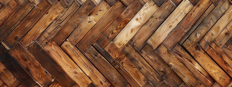 Elegant luxurious bright brown parquet laminate vinyl floor with herringbone pattern, flooring rustic oak wooden - wood timber panel decor texture flooring wall background, top view