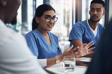 Discussion, internship and team of doctors in office for healthcare treatment, diagnosis or surgery...