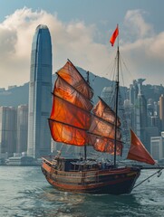Traditional junk boat sailing in Victoria Harbour, a symbol of Hong Kong's maritime heritage.
