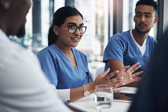 Discussion, internship and team of doctors in office for healthcare treatment, diagnosis or surgery in clinic. Meeting, collaboration and surgeon with group of medical students learning in hospital.