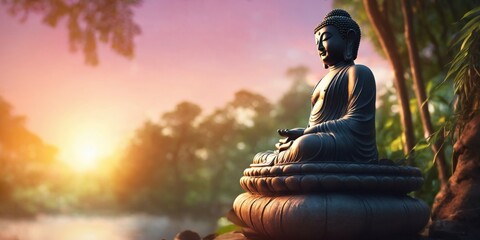Statue of a Sitting buddha in the jungle, Sunset