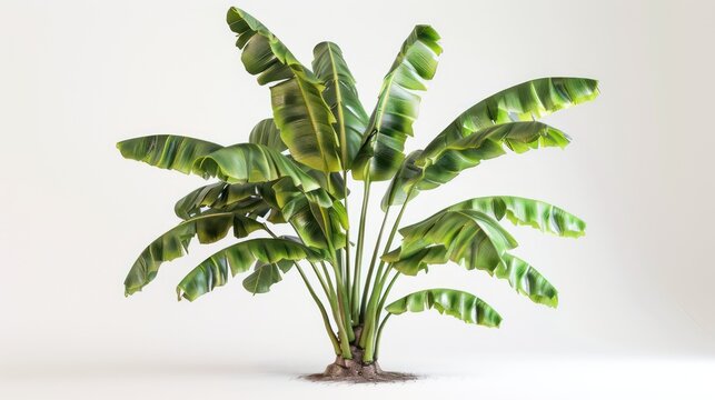 Lush green banana tree plant isolated on plain white background