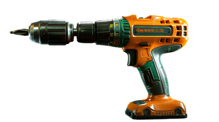 A large, high speed power drill with an orange body and green accents on the side, set against a white background