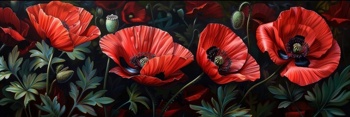 Poppy Flower Botanical Illustration, Wild Red Flowers Realistic Painting, Poppy Drawing - obrazy, fototapety, plakaty