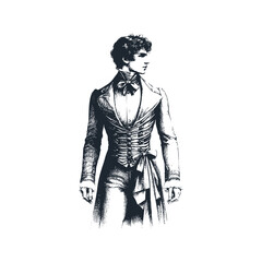 The man with victorian suit. Black white vector illustration.