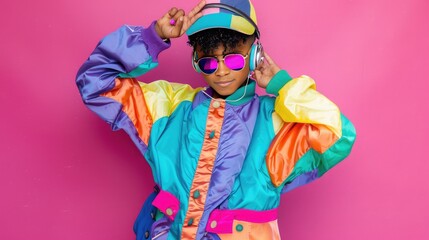Young African American woman in a bright multi-colored tracksuit in retro 90s style, banner