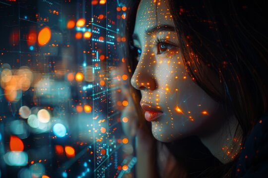 Woman appears transfixed by a mesmerizing array of digital bokeh lights, evoking themes of future and technology