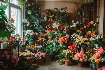 A room overflowing with an abundance of colorful flowers and lush green plants. Various types of flowers are arranged in vases and pots, adding a burst of nature to the rooms decor