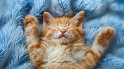 A cute red kitten is sleeping on his back and smiling paws up the concept of sleep and good morning