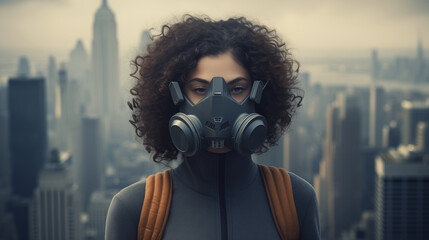 Person wearing gas mask in war, protecting from toxic gas, ensuring safety from chemical hazards, amid environmental dangers