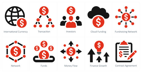 A set of 10 crowdfunding icons as international currency, transation, investors