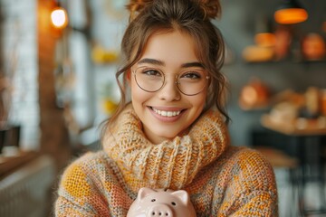 A joyful woman wearing glasses and a colorful scarf holds a piggy bank - obrazy, fototapety, plakaty