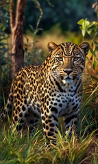 Obraz premium The jaguar, a wild animal, sneaks through the forest bowl and overgrows